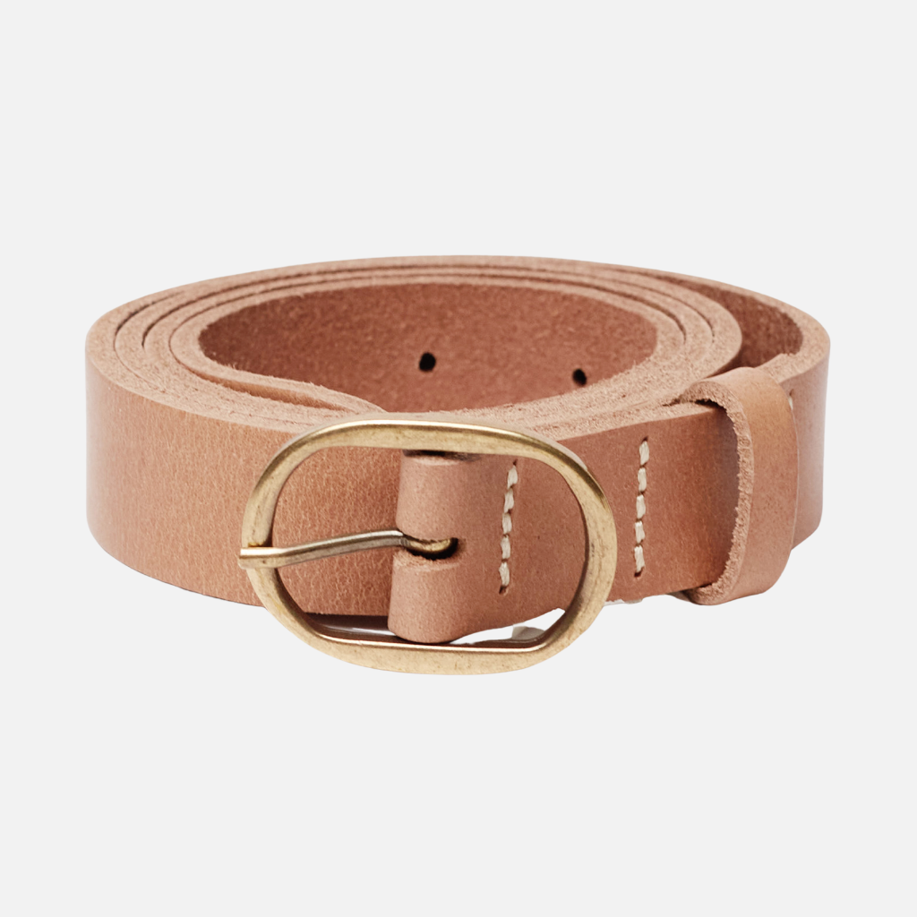 Yade Womens Leather Waist Belt in Sand with Gold Oval Buckle