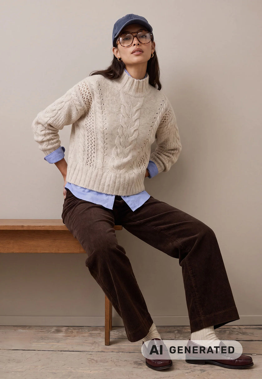 Fynch Hatton Women's Funnel Neck Cable Knit Sweater Neutral Tan - 26107310 - Kings Road Fashions, Leighton Buzzard