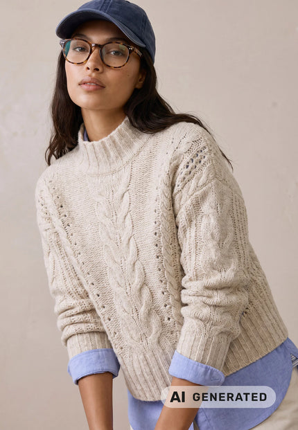 Fynch Hatton Women's Funnel Neck Cable Knit Sweater Neutral Tan - 26107310 - Kings Road Fashions, Leighton Buzzard