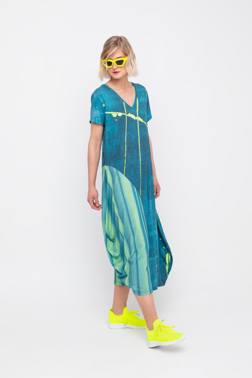 Ozai N Ku - V-neck Aqua Lime Dress