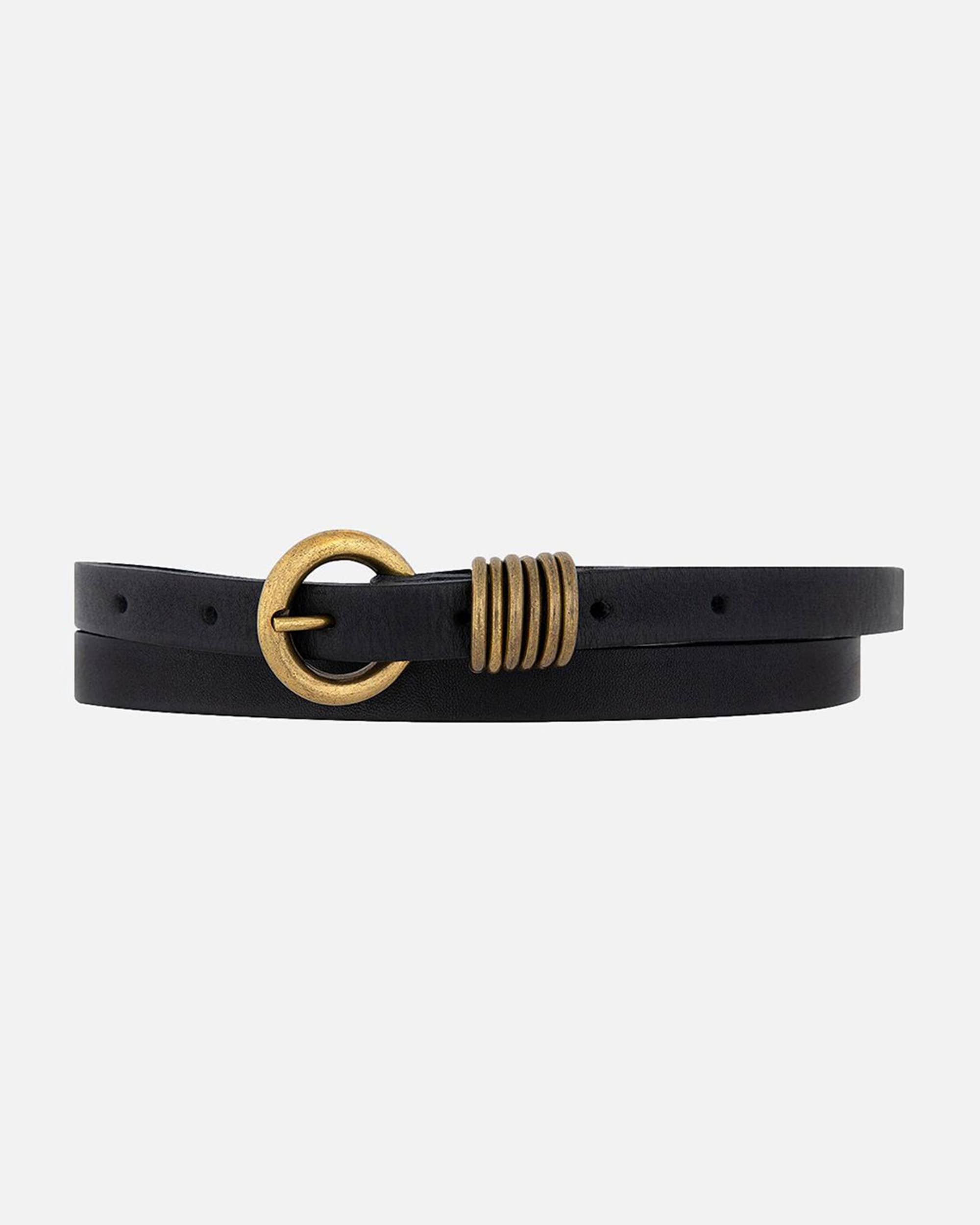 Amsterdam-Heritage-Belt-Alie Gold Circle Buckle Skinny Leather Belt - Black