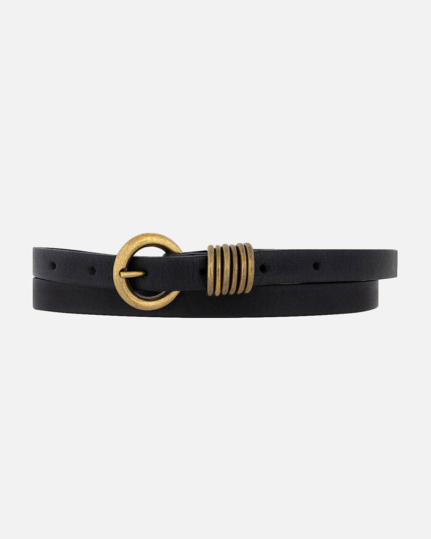 Amsterdam-Heritage-Belt-Alie Gold Circle Buckle Skinny Leather Belt - Black