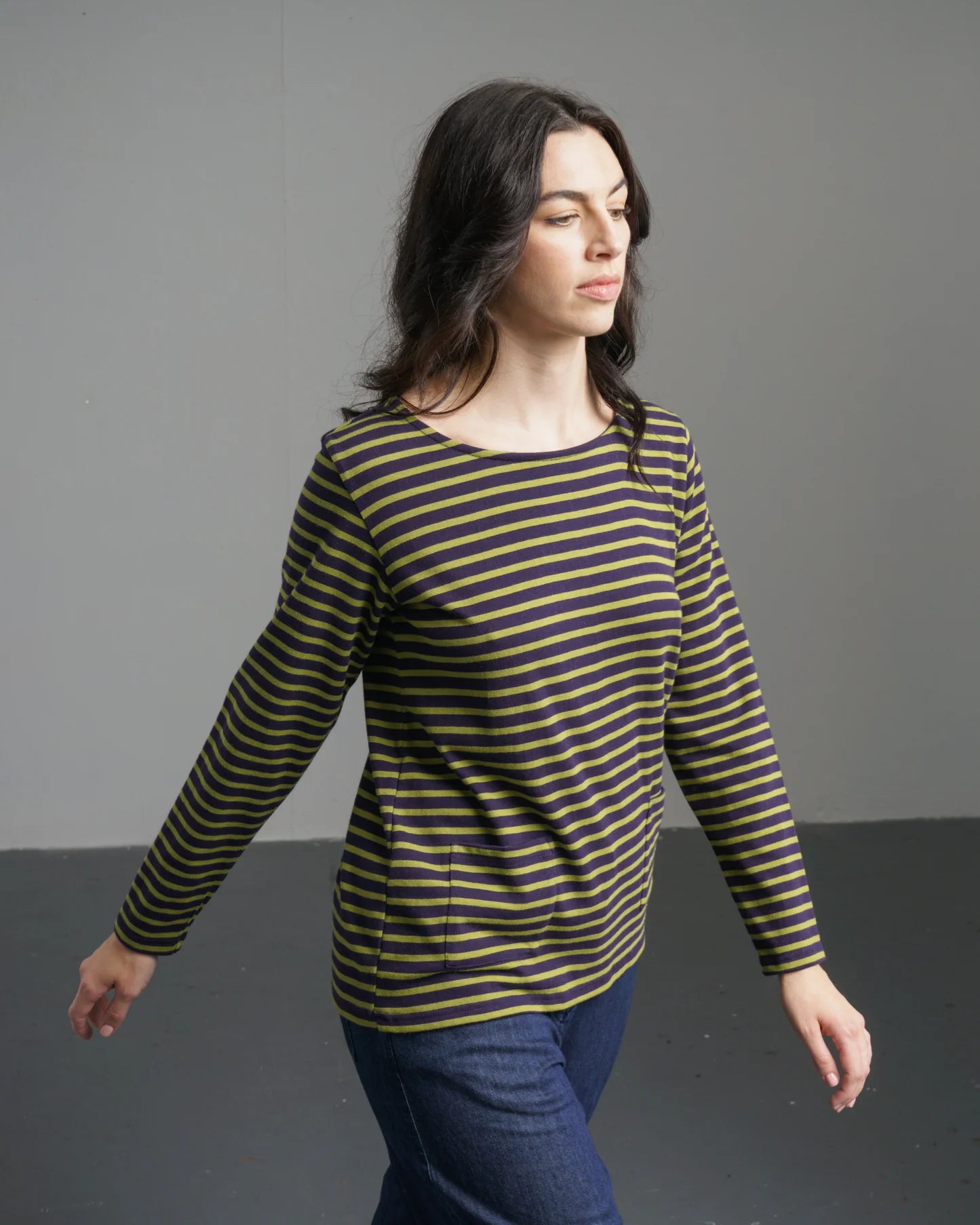 Bibico-aw25__womens-T-shirt-Sailor-T-wp004_denim_-jt001_green_stripe