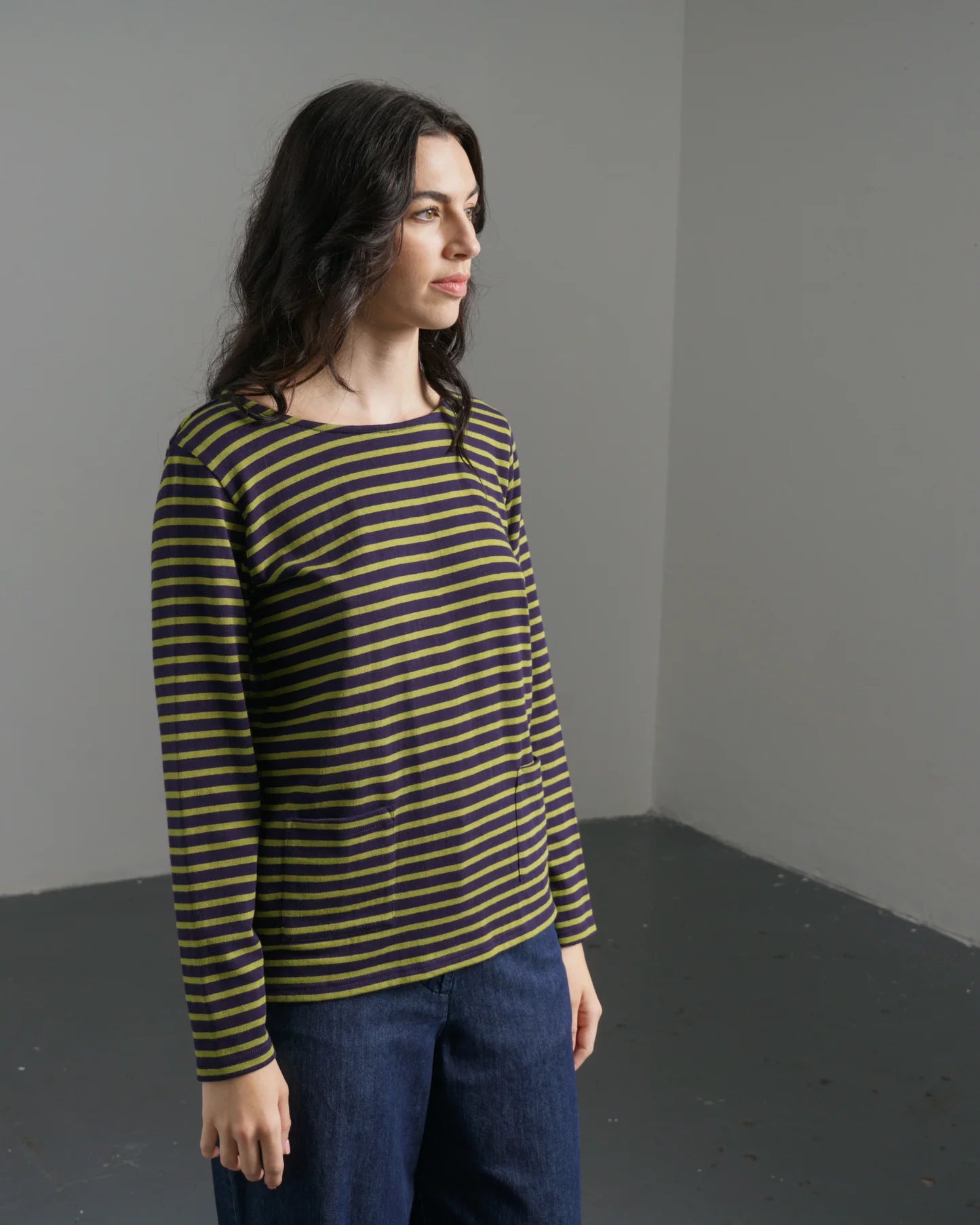 Bibico-aw25__womens-T-shirt-Sailor-T-wp004_denim_-jt001_green_stripe