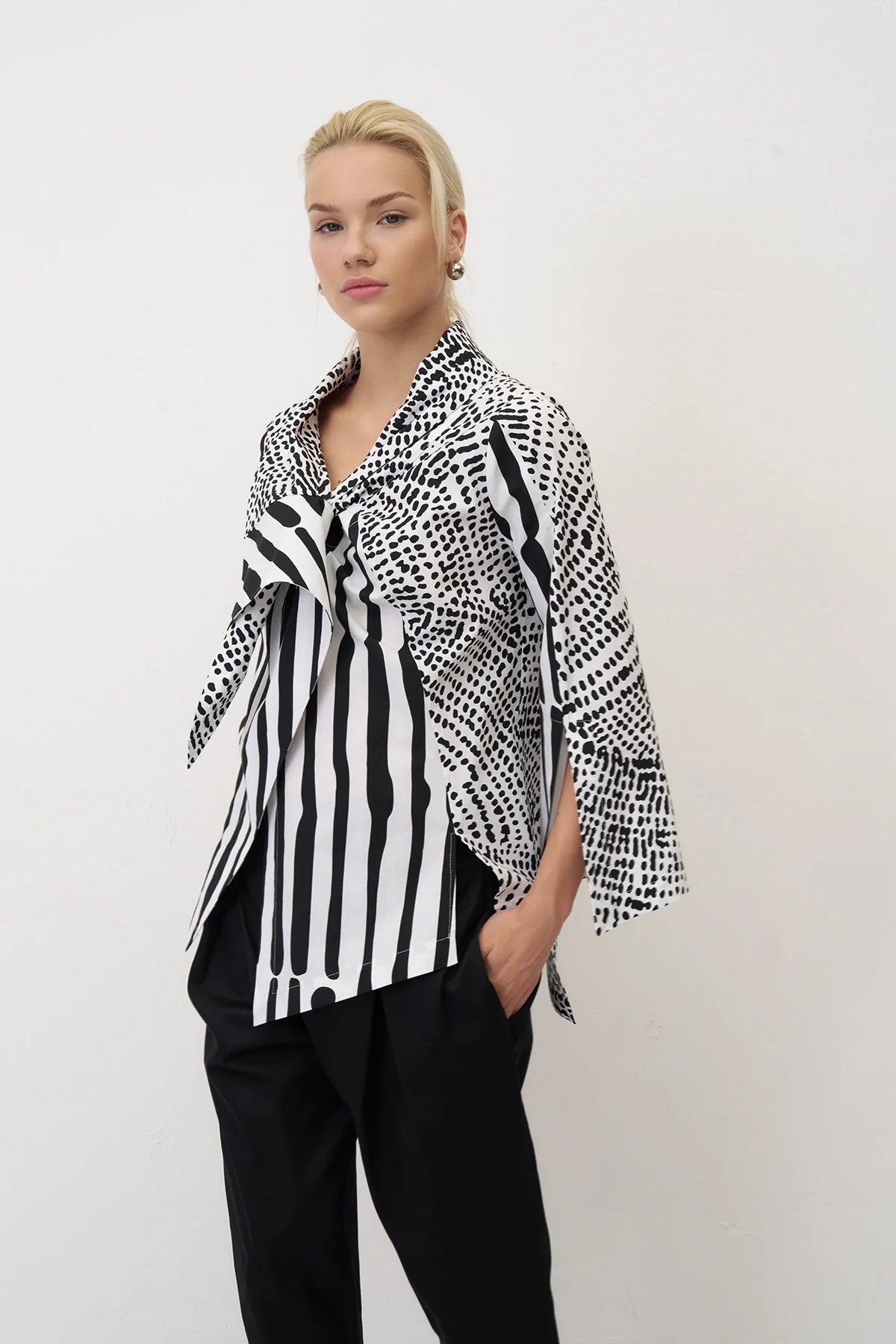 Bize - Women's -Contrasting -Monochrome -Prints -Fitted- Shirt -  BZ337 - Black+White-0