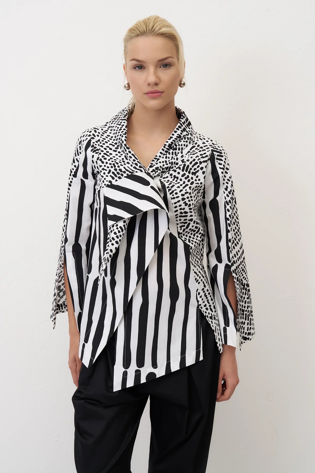 Bize - Women's -Contrasting -Monochrome -Prints -Fitted- Shirt -  BZ337 - Black+White-0