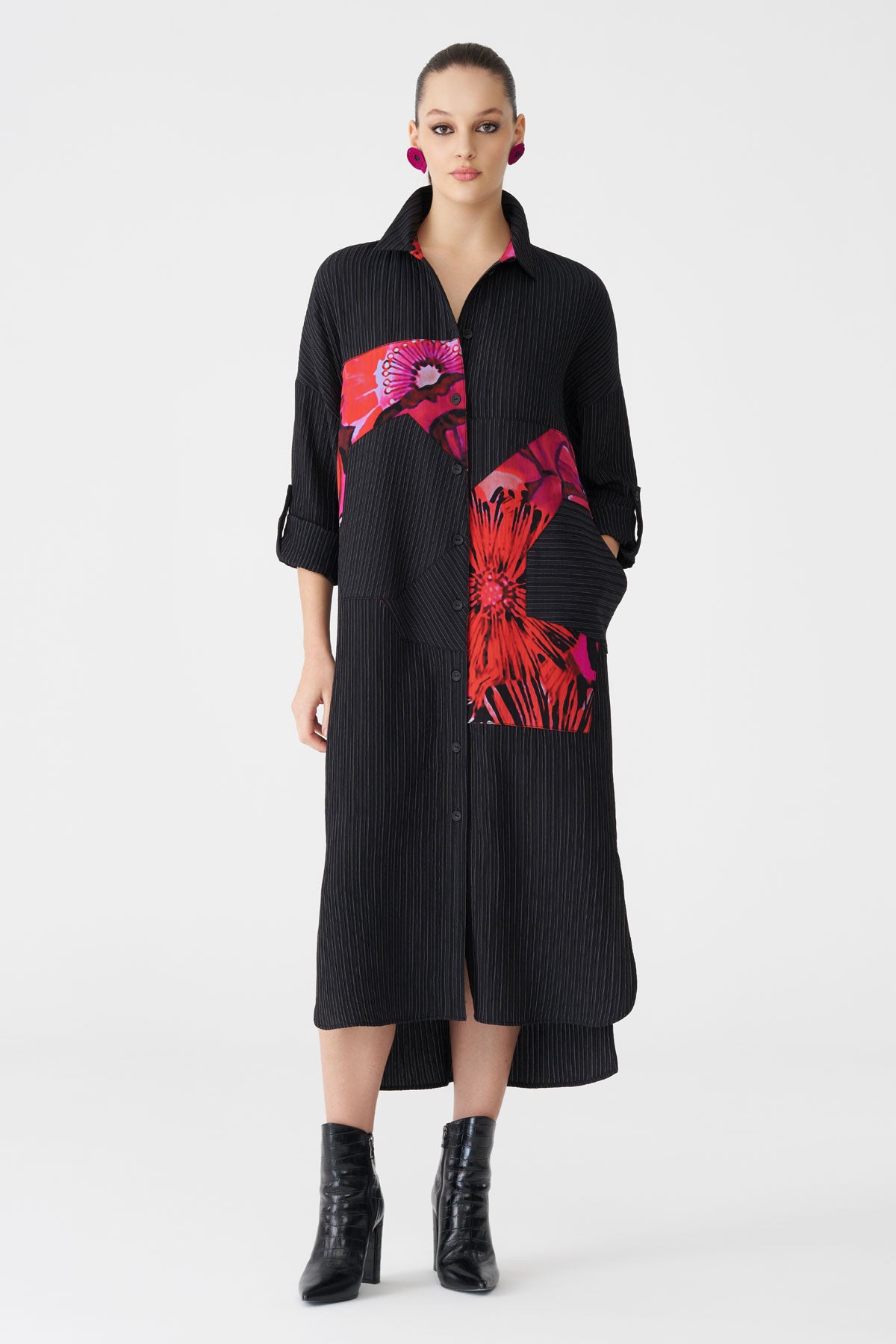 Bize Women's Floral Panel + Tonal Black Stripe Shirt Dress BZ2187 at Kings Road Fashions, Leighton Buzzard, UK