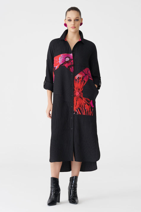 Bize Women's Floral Panel + Tonal Black Stripe Shirt Dress BZ2187 at Kings Road Fashions, Leighton Buzzard, UK
