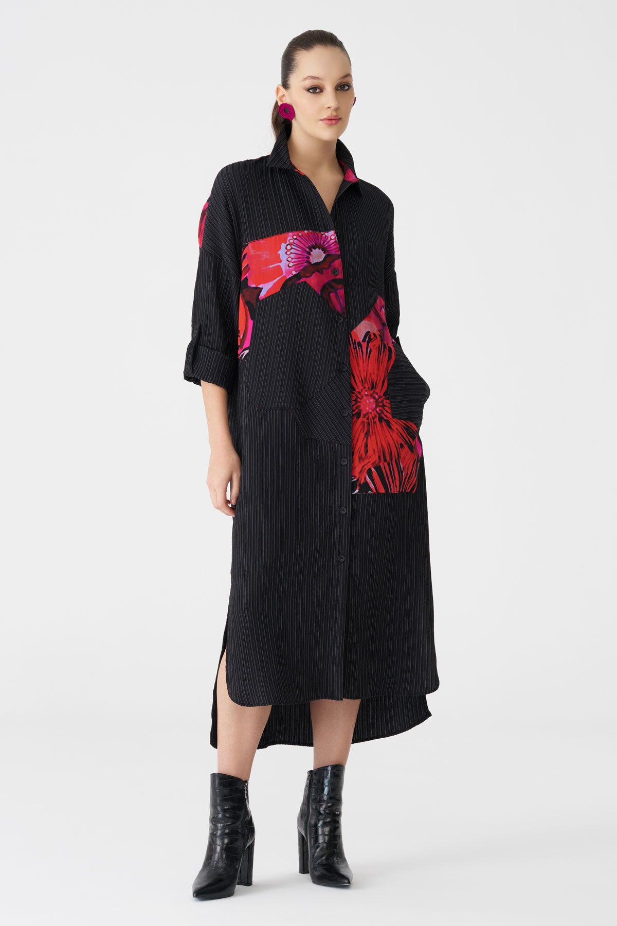Bize Women's Floral Panel + Tonal Black Stripe Shirt Dress BZ2187 at Kings Road Fashions, Leighton Buzzard, UK