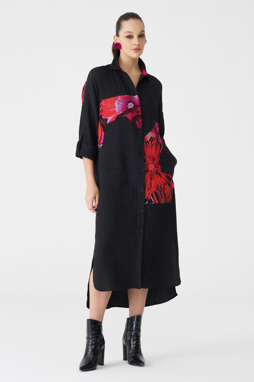 Bize Women's Floral Panel + Tonal Black Stripe Shirt Dress BZ2187 at Kings Road Fashions, Leighton Buzzard, UK