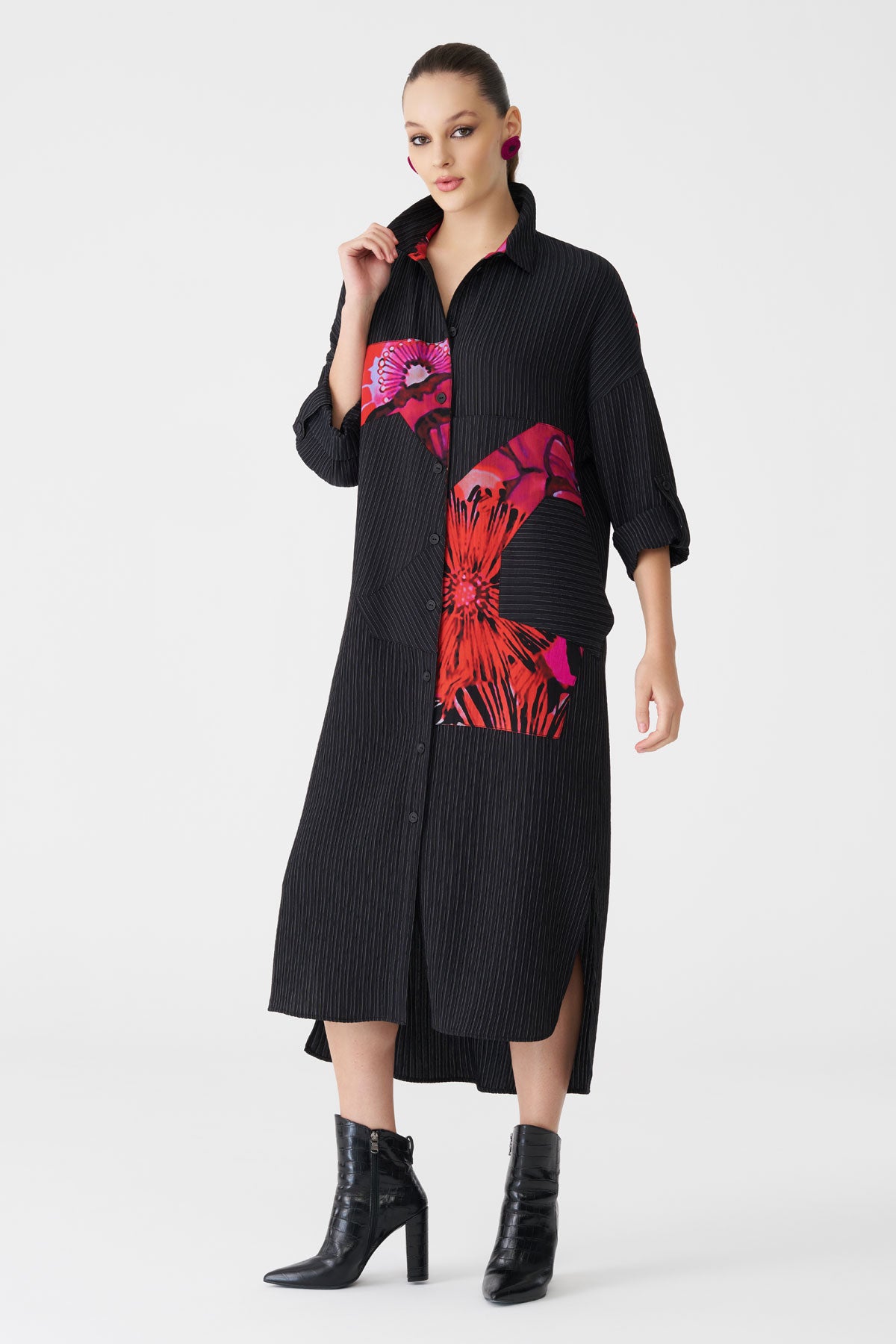 Bize Women's Floral Panel + Tonal Black Stripe Shirt Dress BZ2187 at Kings Road Fashions, Leighton Buzzard, UK