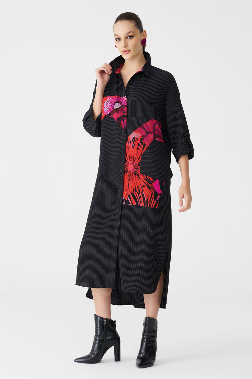 Bize Women's Floral Panel + Tonal Black Stripe Shirt Dress BZ2187 at Kings Road Fashions, Leighton Buzzard, UK