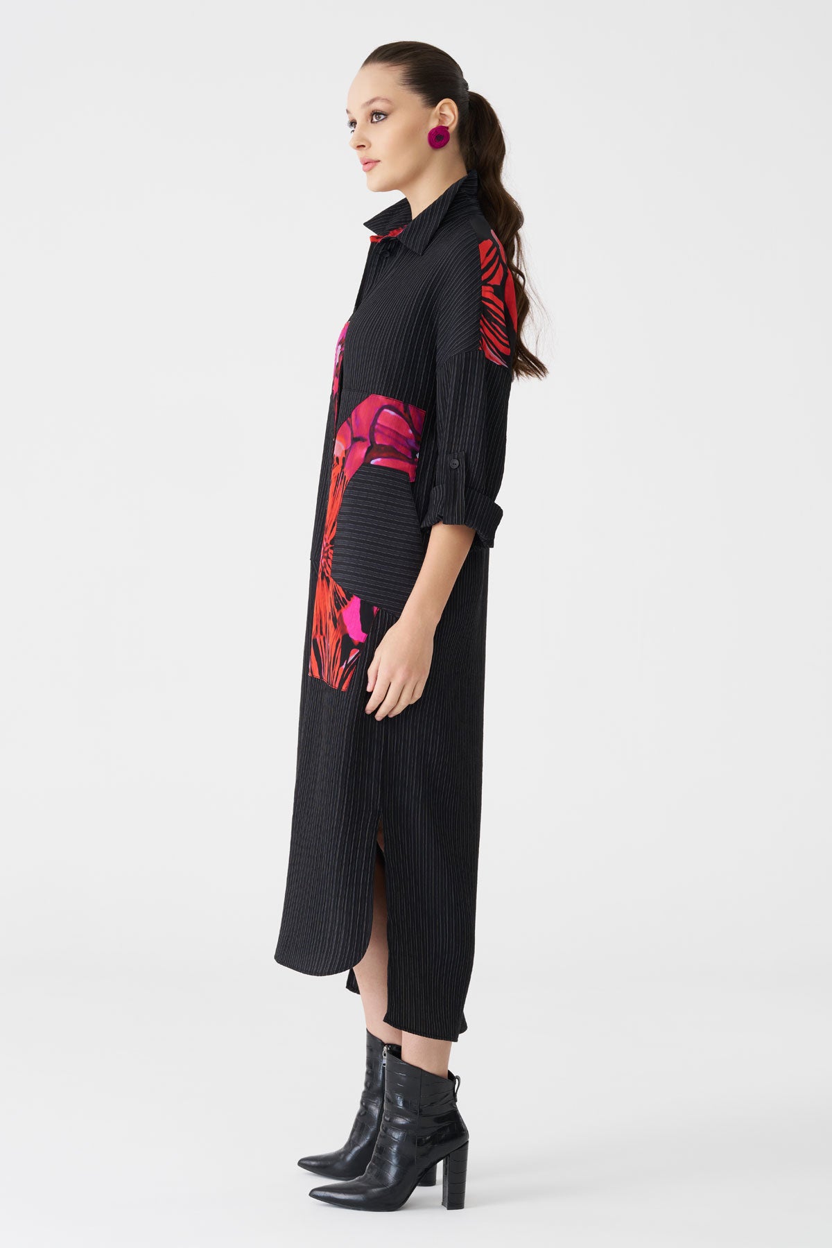 Bize Women's Floral Panel + Tonal Black Stripe Shirt Dress BZ2187 at Kings Road Fashions, Leighton Buzzard, UK