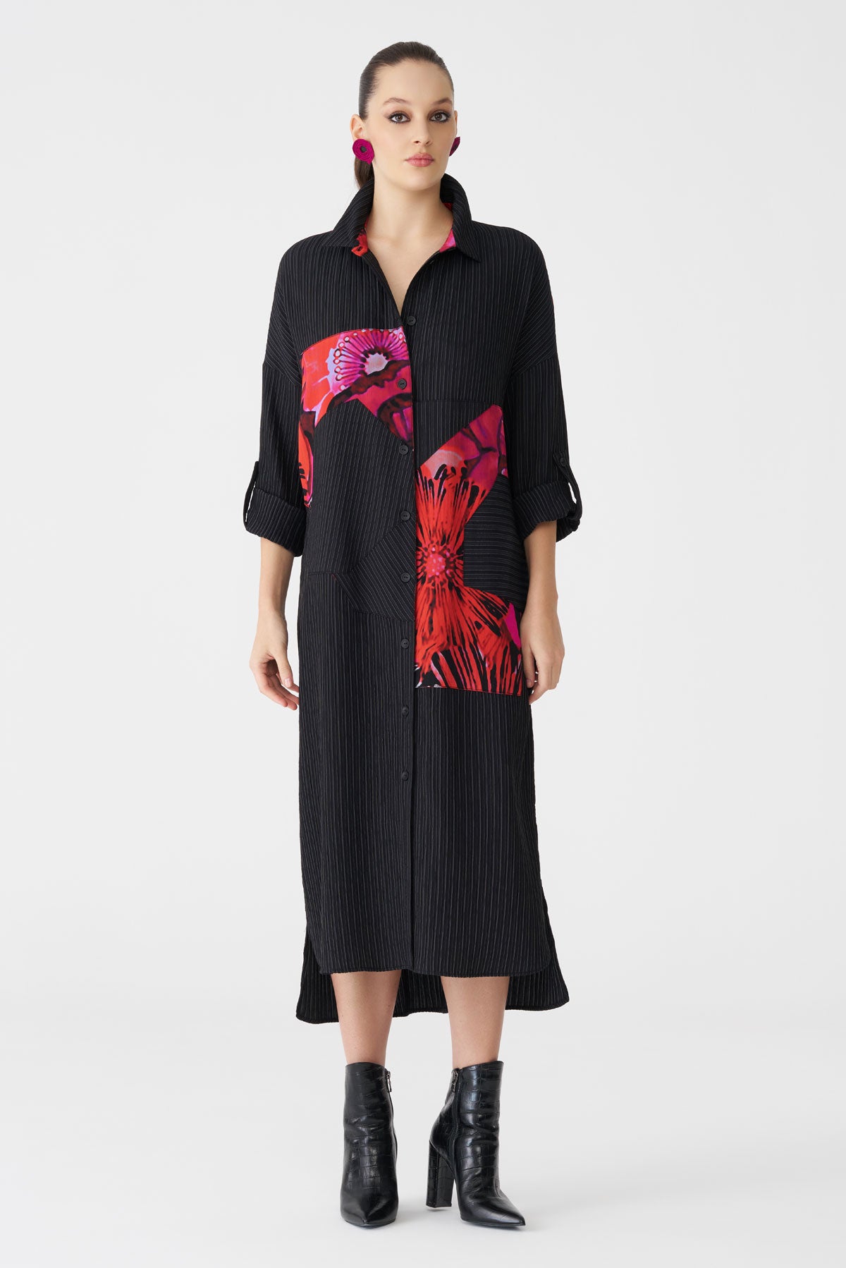 Bize Women's Floral Panel + Tonal Black Stripe Shirt Dress BZ2187 at Kings Road Fashions, Leighton Buzzard, UK