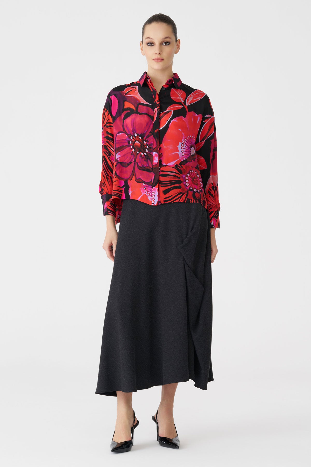 Bize Women's Fuchsia Black Floral Print Blouse BZ438 at Kings Road Fashions, Leighton Buzzard, UK