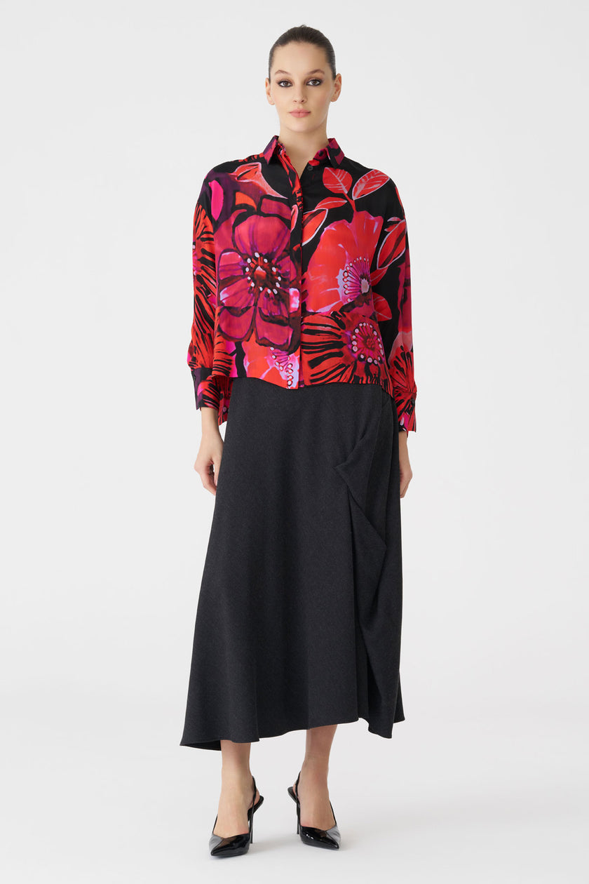 Bize Women's Fuchsia Black Floral Print Blouse BZ438 at Kings Road Fashions, Leighton Buzzard, UK
