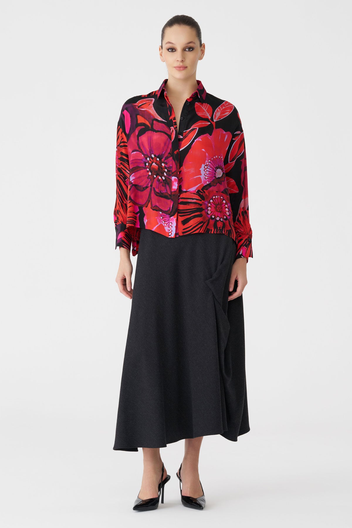 Bize Women's Fuchsia Black Floral Print Blouse BZ438 at Kings Road Fashions, Leighton Buzzard, UK