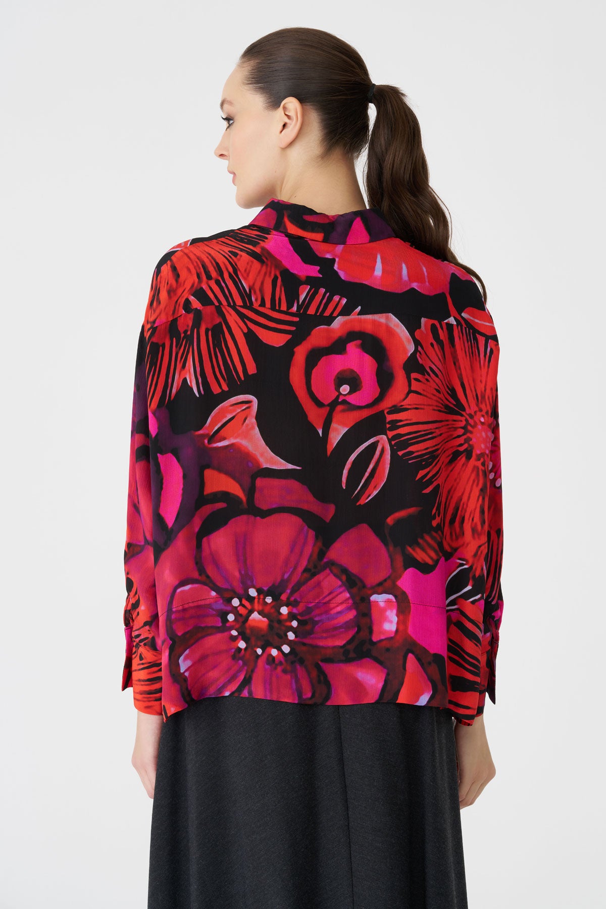 Bize Women's Fuchsia Black Floral Print Blouse BZ438 at Kings Road Fashions, Leighton Buzzard, UK