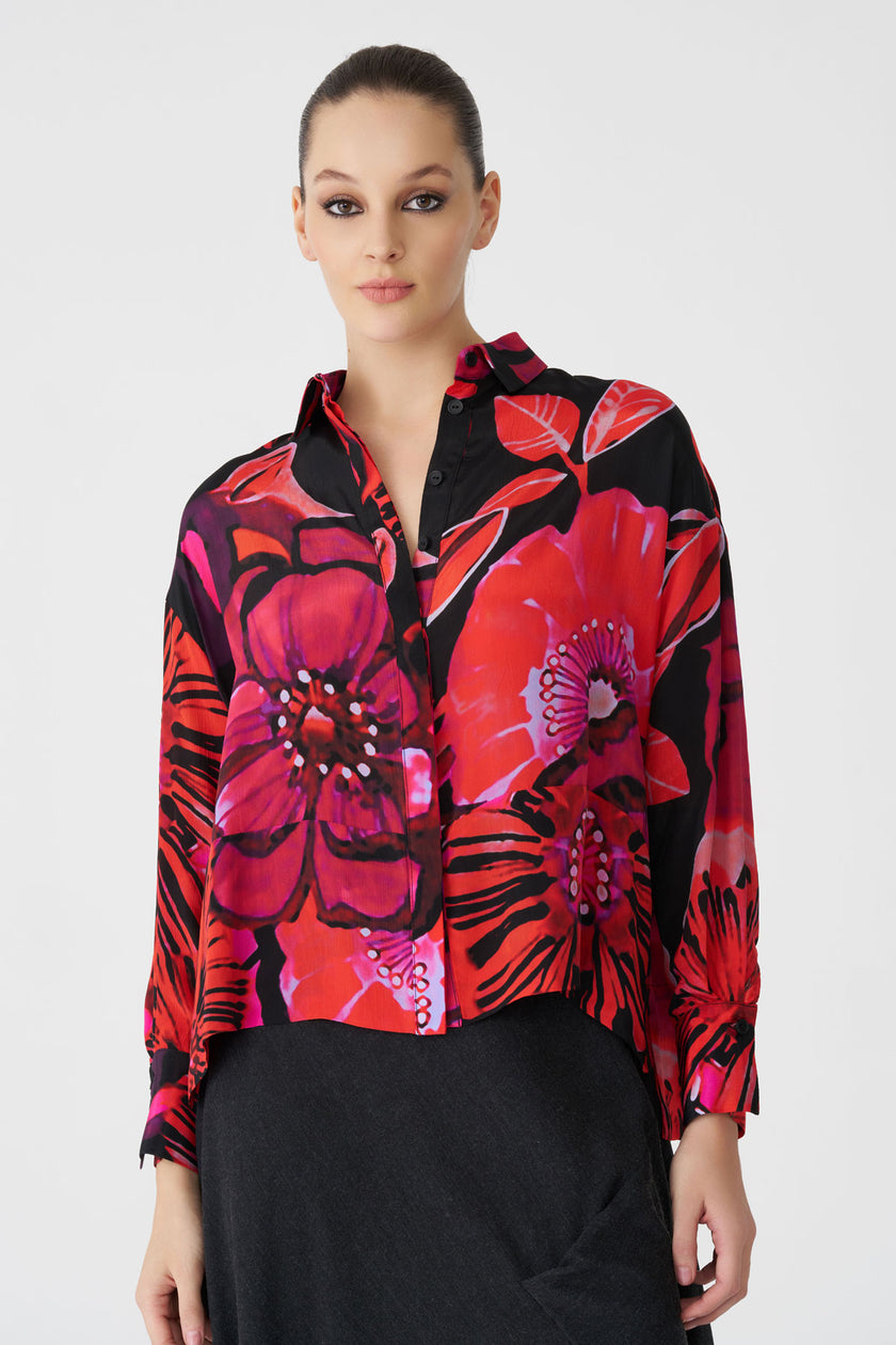Bize Women's Fuchsia Black Floral Print Blouse BZ438 at Kings Road Fashions, Leighton Buzzard, UK