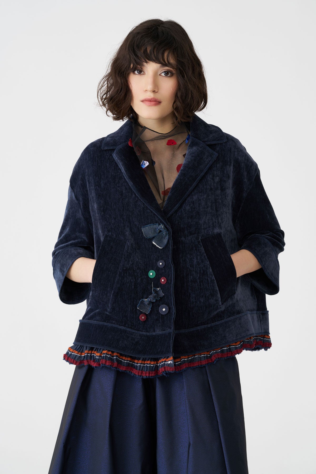 Bize Women's Petrol Velvet Jacket with Trim Details BC5147 at Kings Road Fashions, Leighton Buzzard, UK