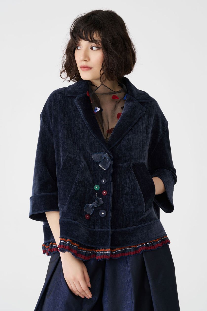 Bize Women's Petrol Velvet Jacket with Trim Details BC5147 at Kings Road Fashions, Leighton Buzzard, UK