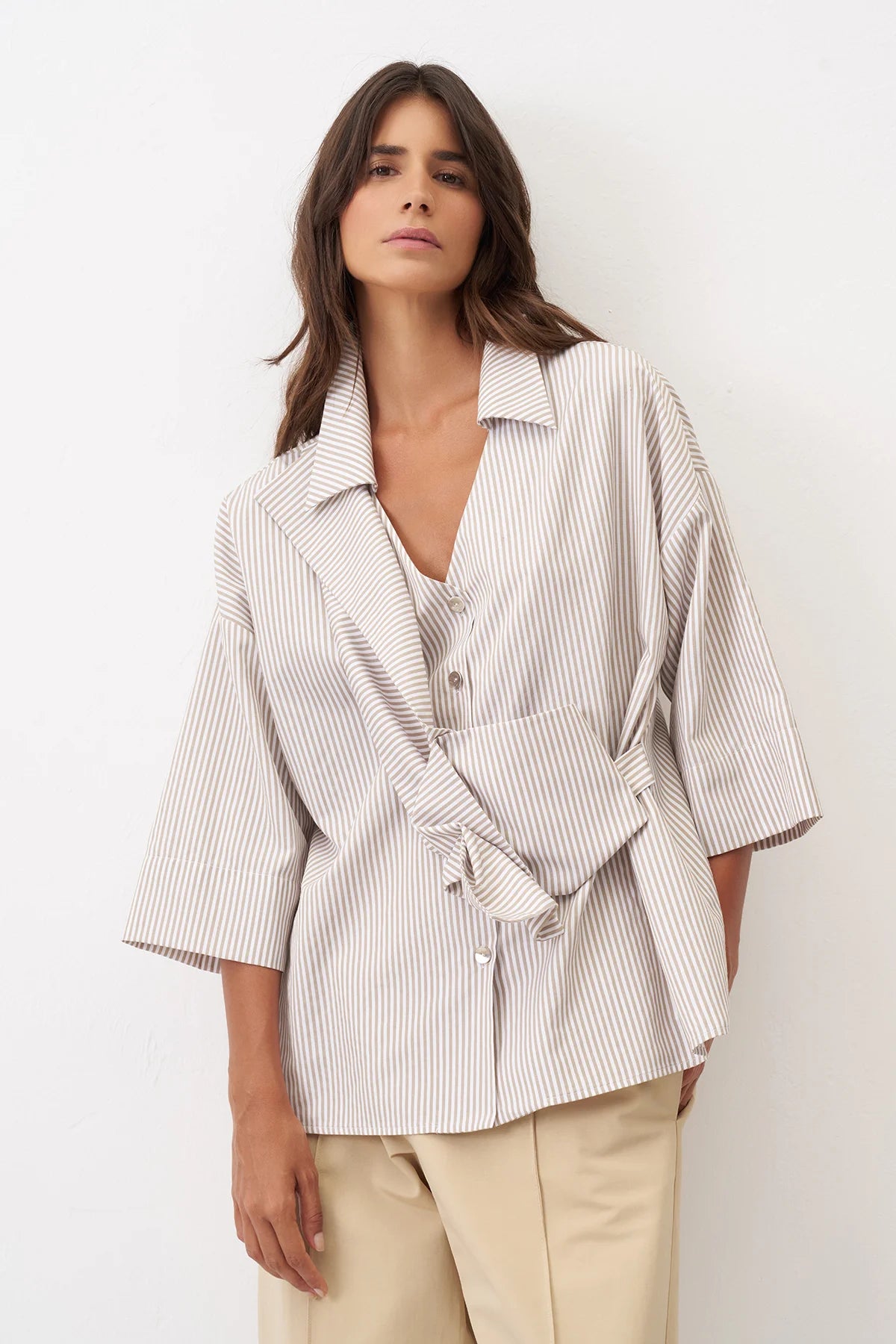 Bize - Women's -Pin -Stripe- V-Neck -Shirt -with- Draping -Details - BZ312 - Beige-0