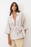 Bize - Women's -Pin -Stripe- V-Neck -Shirt -with- Draping -Details - BZ312 - Beige-0