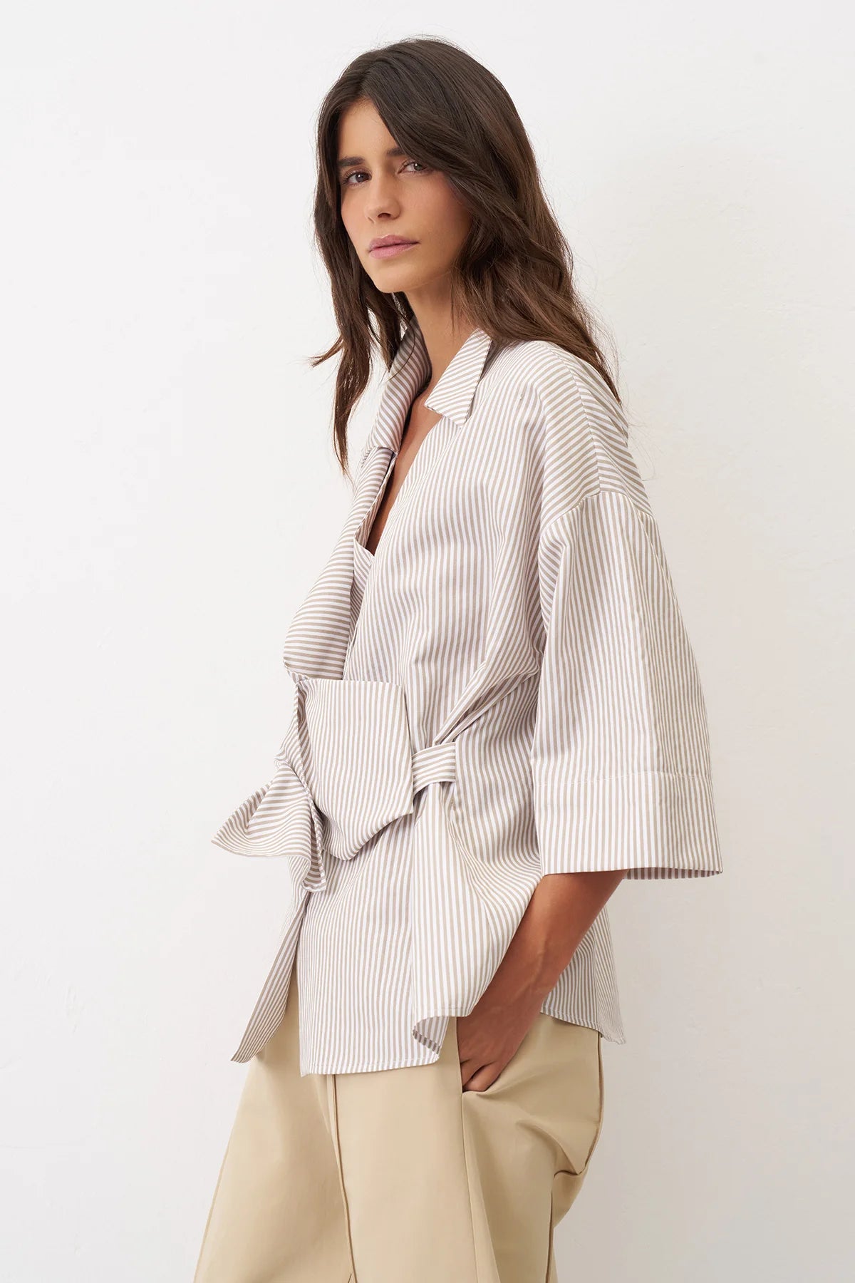 Bize - Women's -Pin -Stripe- V-Neck -Shirt -with- Draping -Details - BZ312 - Beige-0
