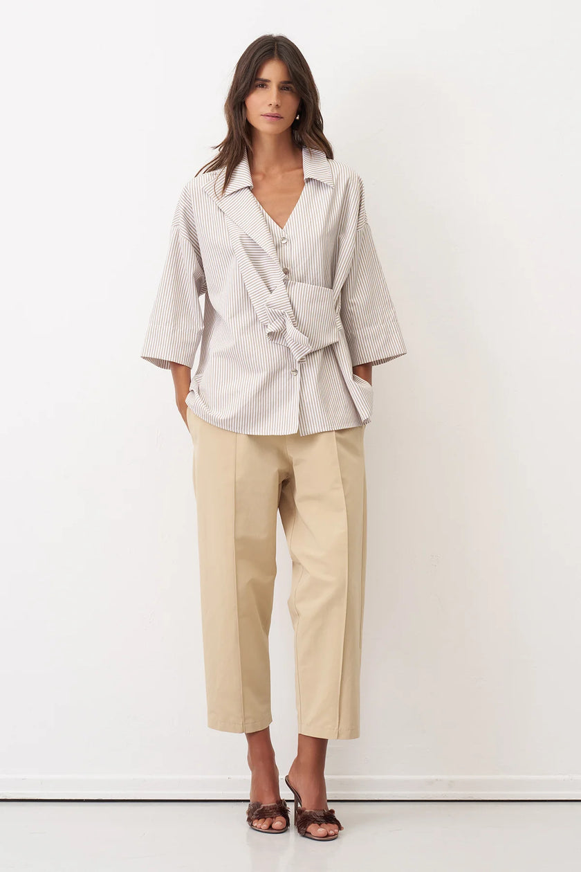 Bize - Women's -Pin -Stripe- V-Neck -Shirt -with- Draping -Details - BZ312 - Beige-0
