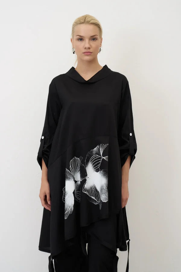 Bize - Women's -Placement -Print -Tunic-Dress -  BZ2148 - Black-1