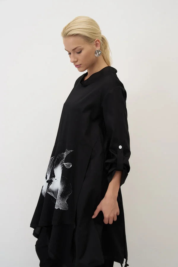 Bize - Women's -Placement -Print -Tunic-Dress -  BZ2148 - Black-1