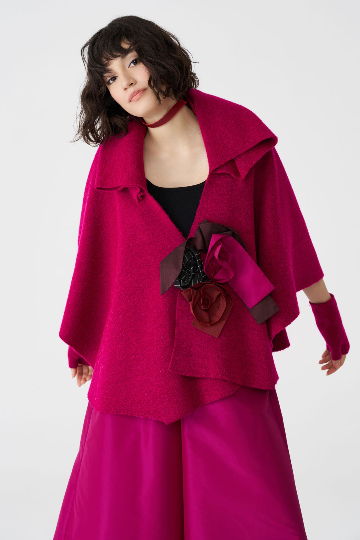 Bize Women's Statement Boiled Wool Cape BT0180 - Fuchsia at Kings Road Fashions, Leighton Buzzard UK