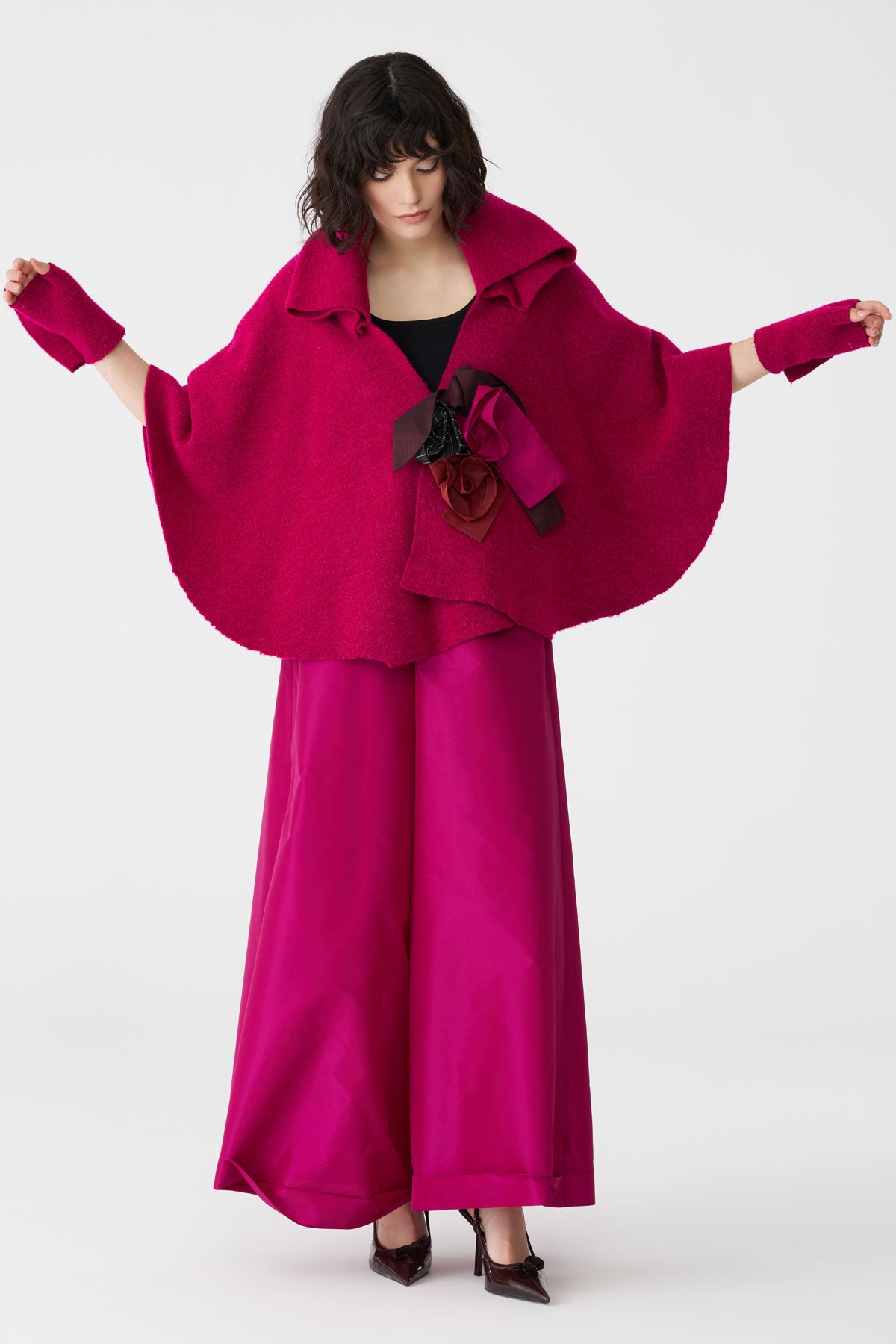 Bize Women's Statement Boiled Wool Cape BT0180 - Fuchsia at KingsRoad Fashions, Leighton Buzzard UK