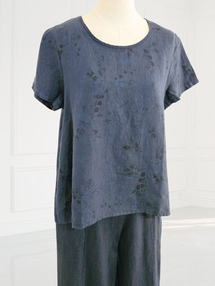 Blueberry - SS26- Women's -Linen- T-shirt- NAVY- with- ANTRACITE- WISTERIA- PRINT- 9758 - 7-Kings-Road-Fashions