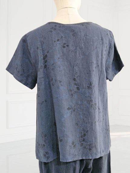 Blueberry - SS26- Women's -Linen- T-shirt- NAVY- with- ANTRACITE- WISTERIA- PRINT- 9758 - 7-Kings-Road-Fashions
