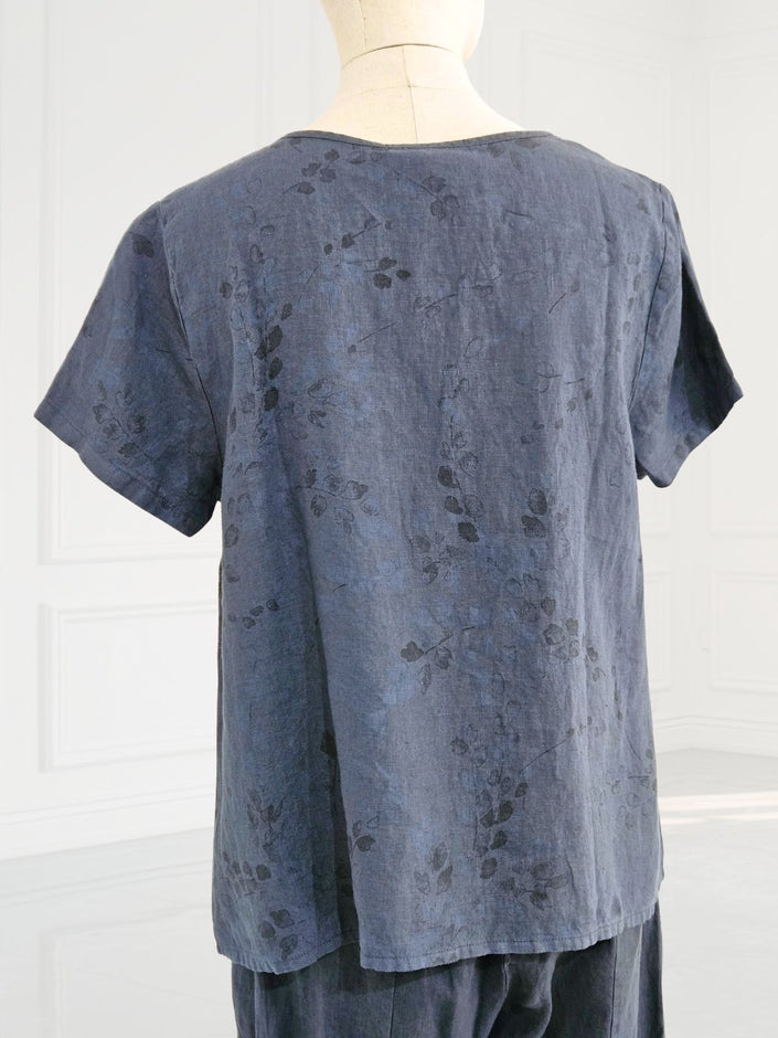 Blueberry - SS26- Women's -Linen- T-shirt- NAVY- with- ANTRACITE- WISTERIA- PRINT- 9758 - 7-Kings-Road-Fashions
