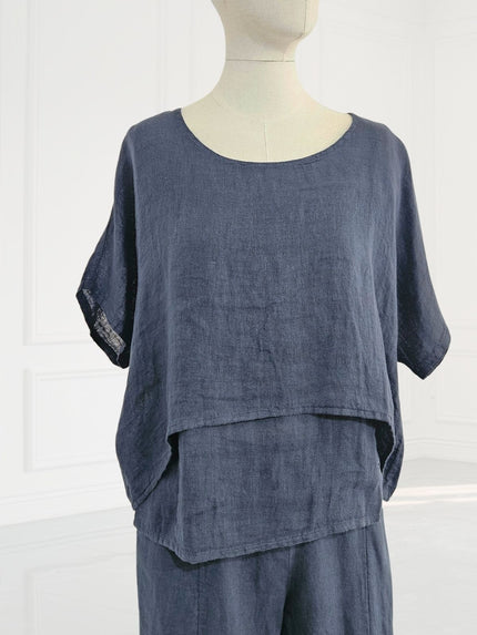 Blueberry -SS26- Women's -2- Layers -Linen -Gauze- Top -NAVY - 26254-Kings-Road-Fashions