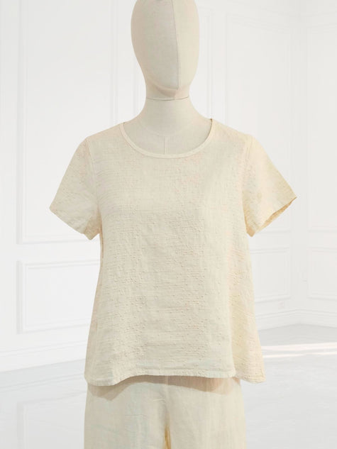 Blueberry - Women's -Embroidered- Linen- T-Shirt -ECRU - 9758 Ry-1