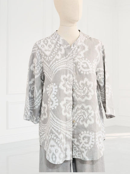 Blueberry - Women's- Korean- Collar- Linen -Shirt -SILVER -with -WHITE- BATIK- PRINT - 9737 - 8-1