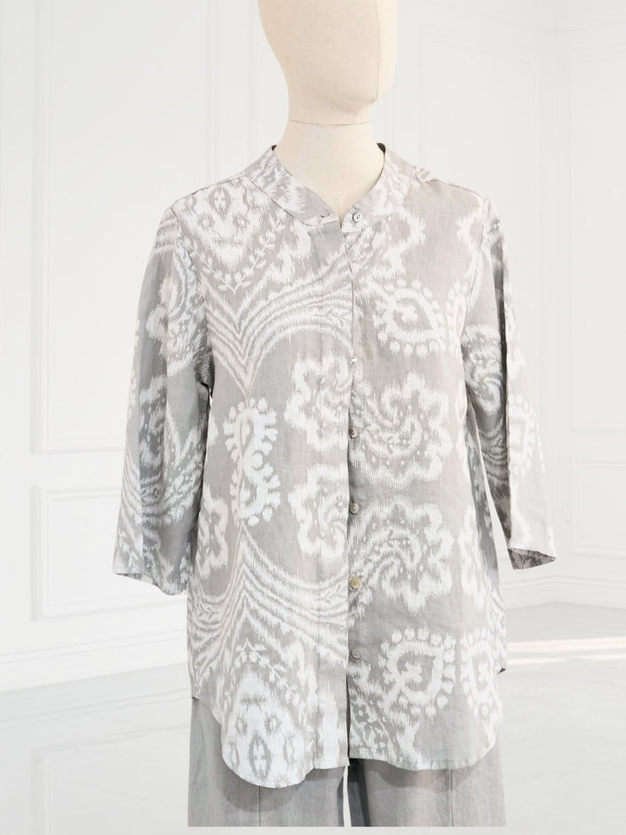 Blueberry - Women's- Korean- Collar- Linen -Shirt -SILVER -with -WHITE- BATIK- PRINT - 9737 - 8-1
