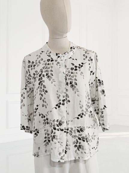 Blueberry - Women's- Korean- Collar -Linen -Shirt -WHITE -with -ANTHRACITE -WISTERIA -PRINT - 24007-2