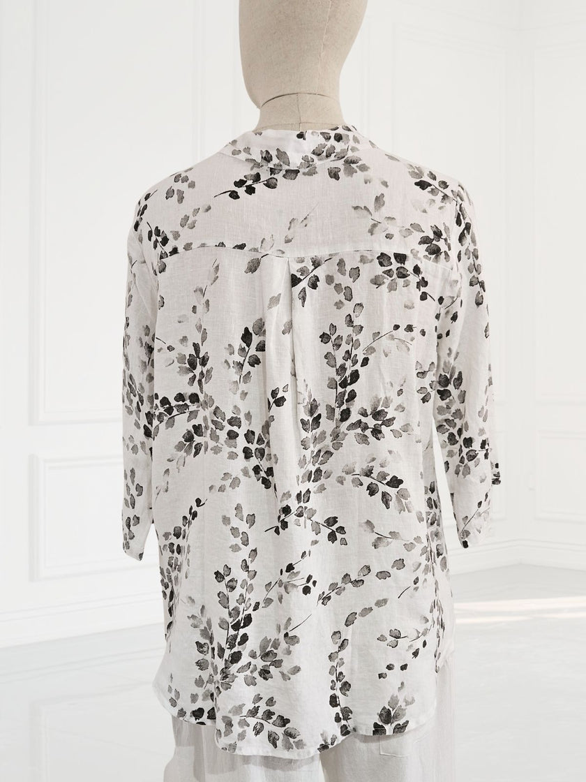 Blueberry - Women's- Korean- Collar -Linen -Shirt -WHITE -with -ANTHRACITE -WISTERIA -PRINT - 24007-2