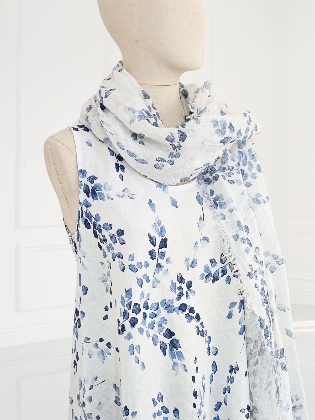 Blueberry - Women's- Printed -Linen -Scarf- WHITE - 81818-7B -(BLUE)-Kings-Road-Fashions