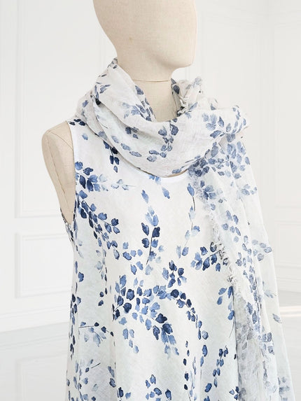 Blueberry - Women's- Printed -Linen -Scarf- WHITE - 81818-7B -(BLUE)-Kings-Road-Fashions