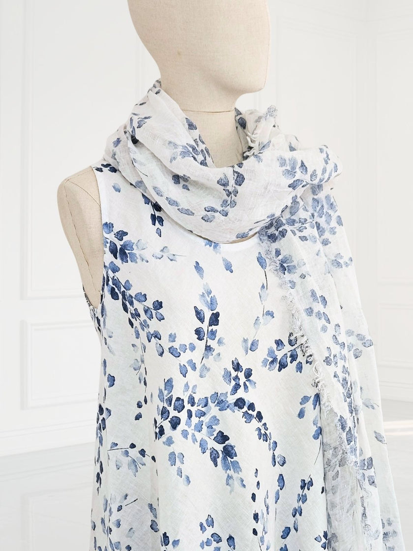 Blueberry - Women's- Printed -Linen -Scarf- WHITE - 81818-7B -(BLUE)-Kings-Road-Fashions
