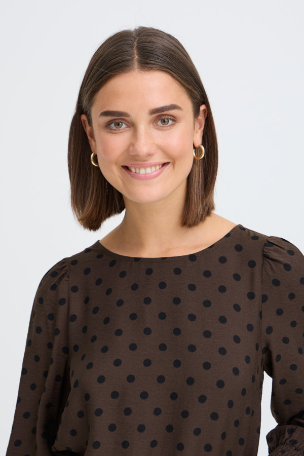 Fransa Women's FRADARA Polka Dot Blouse - Hot Fudge - 20617327 at Kings Road Fashions, Leighton Buzzard, UK