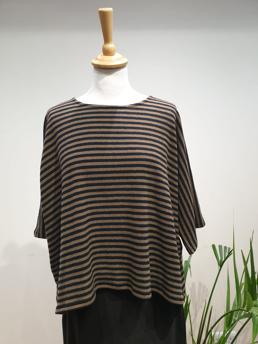 Neirami - Women's Boxy Short Sleeve Fleece B139MS Tabacco Stripe