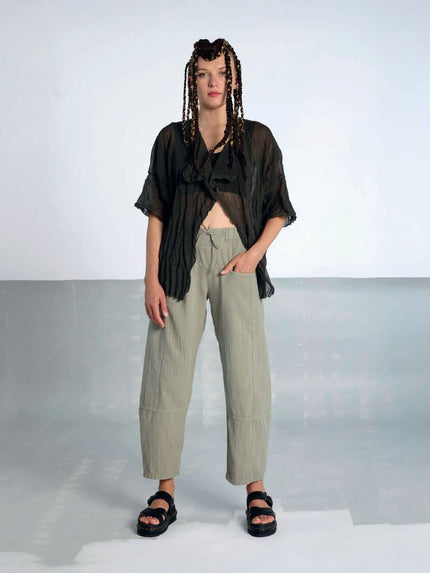 Lurdes- Bergada -SS26- Women's- Textured -Cotton -Barrell -Pant- Sand- U26 340-Kings-Road-Fashions