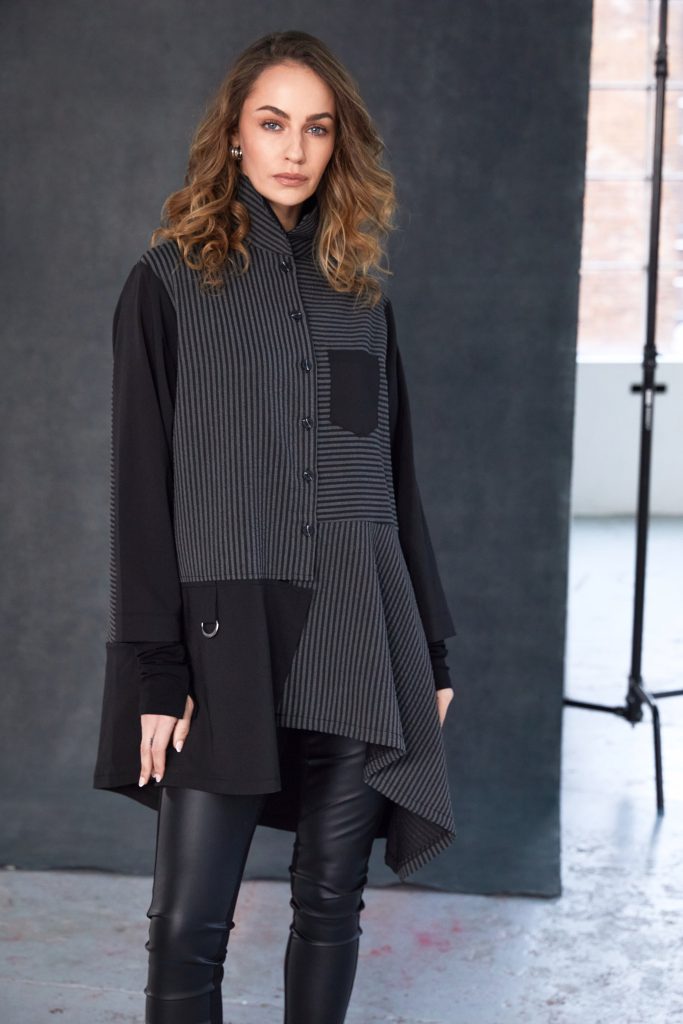 naya-womens-stripped-blouse-with-angled-hem-and-contrast-sleeve-plus-panels-naw25191-in-black-grey