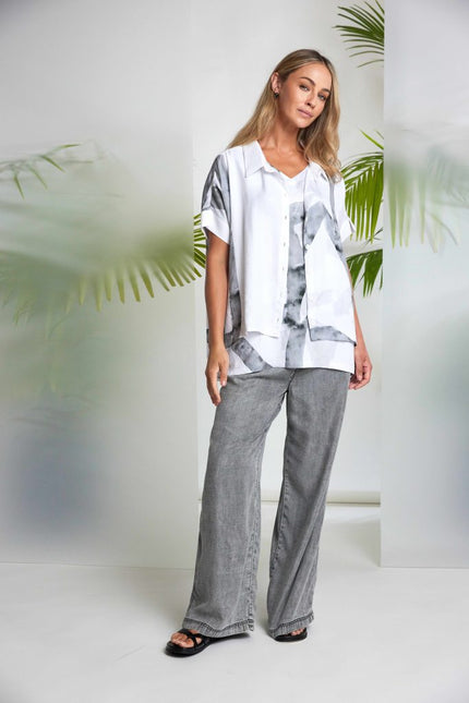 Naya Marbled Ribbon Collared Shirt in Granite NAS26315
